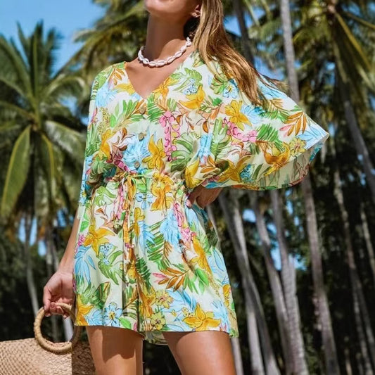Casual New V-neck Printed Tie-waist Jumpsuit