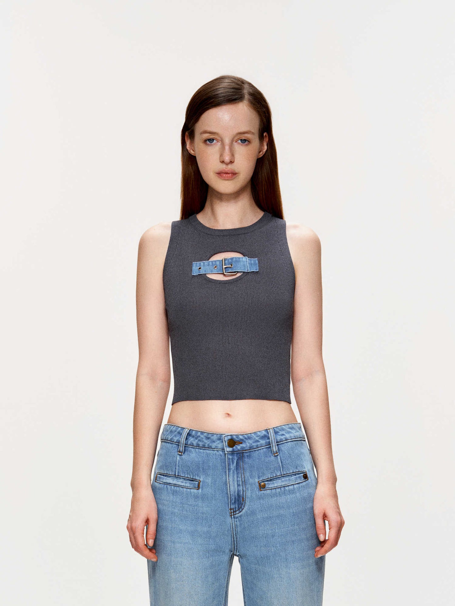 Sequined Jeans Button Vest Knitted Top