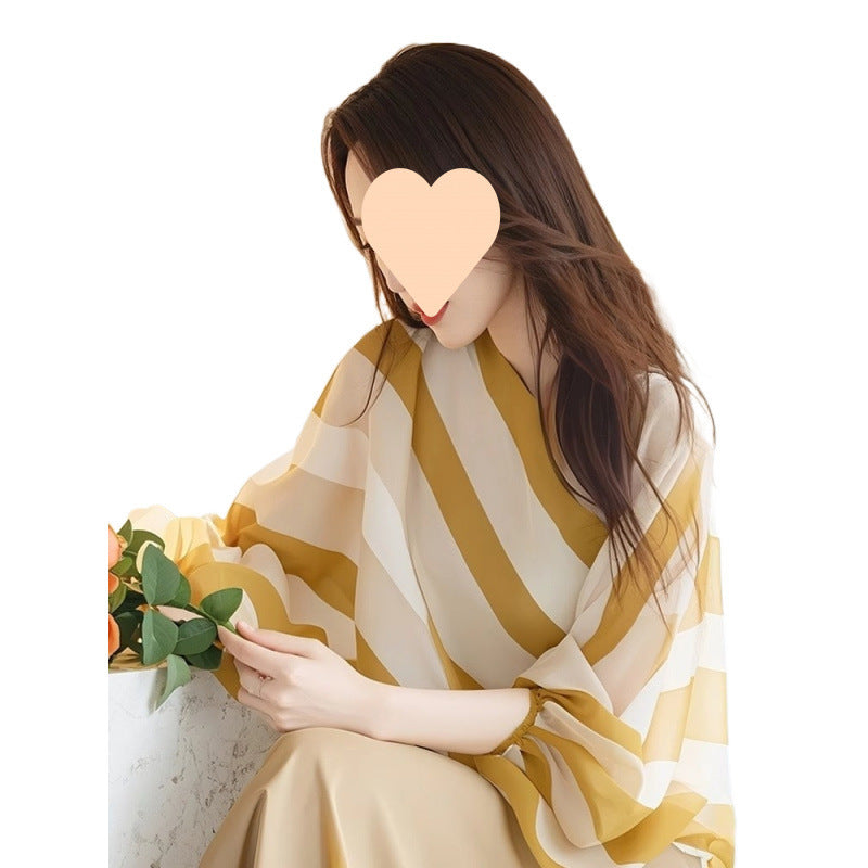 Yellow Top French High-end Striped Chiffon Three-quarter Sleeve