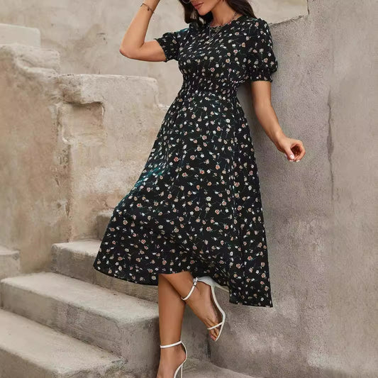 Round Floral Pattern High Waist Slim Long Dress