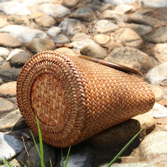 Vintage Chinese Seaside Resort Straw Bucket Bag