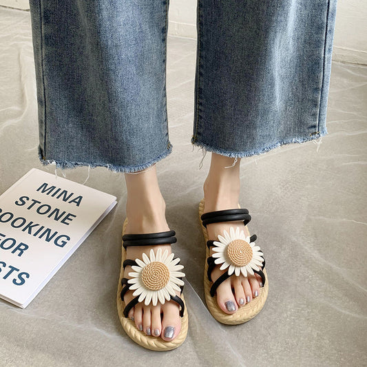 Outer Wear Student Fairy Style Flat Sandals And Slippers With Small Wrinkle Chrysanthemum