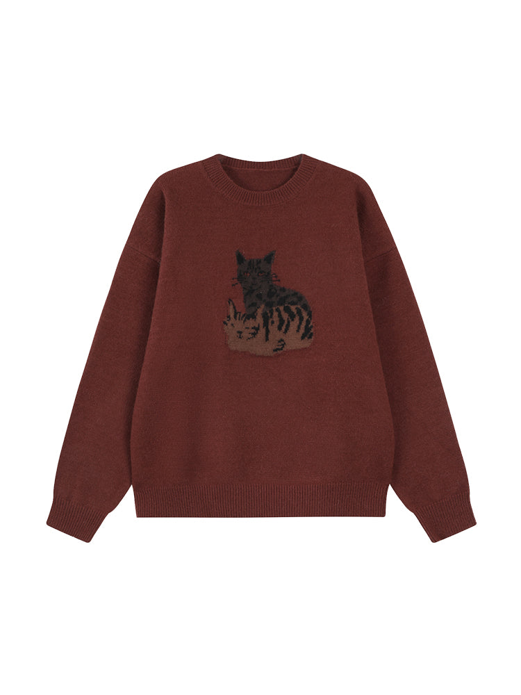 Cartoon Printed Round Neck Loose Long Sleeves Knitted Sweater