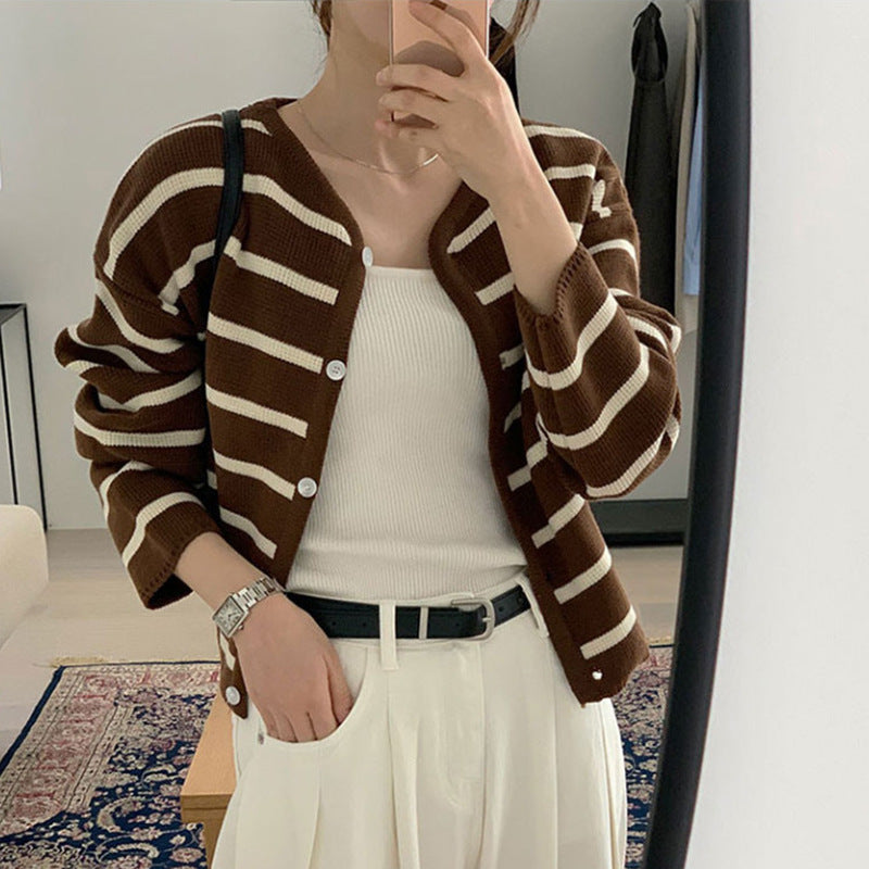 Women's Loose Striped Contrast Color Knitted Cardigan Sweater Coat