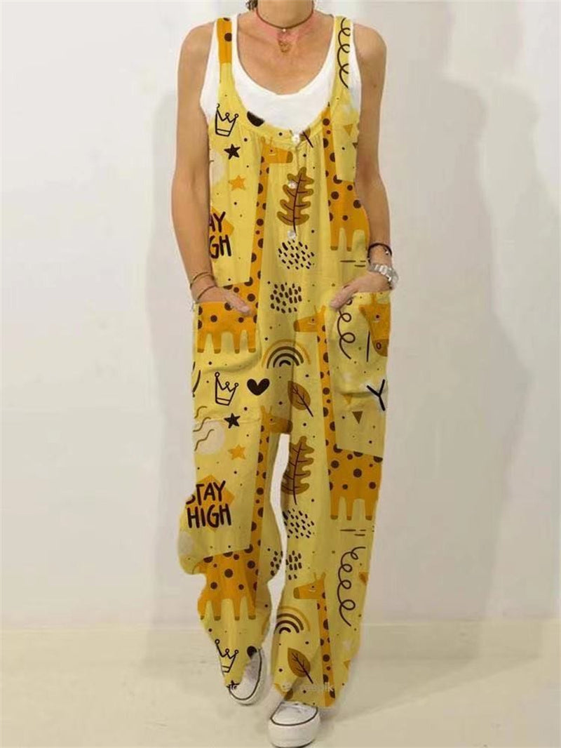 Women's Animal Floral Botanical Print Casual Sleeveless Loose Jumpsuit