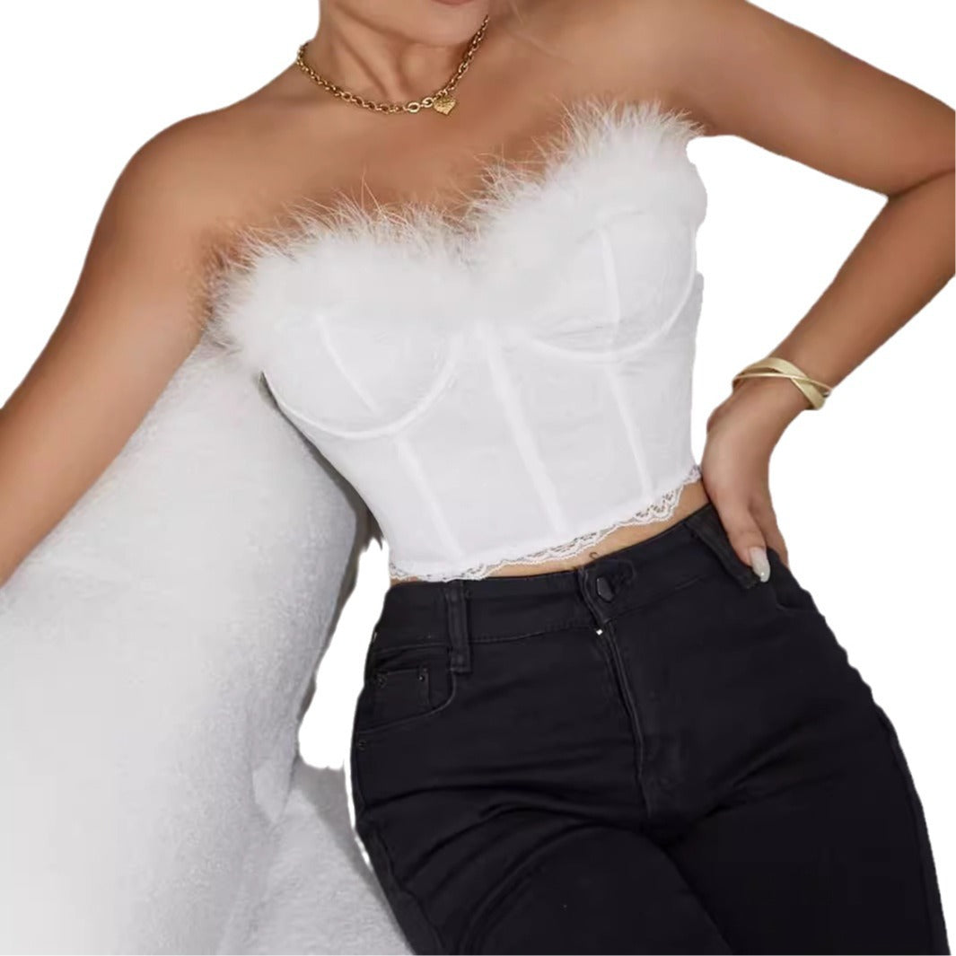 Womens Solid-Color Feathered Underwired Fishbone Backless Bodycon Tube Top