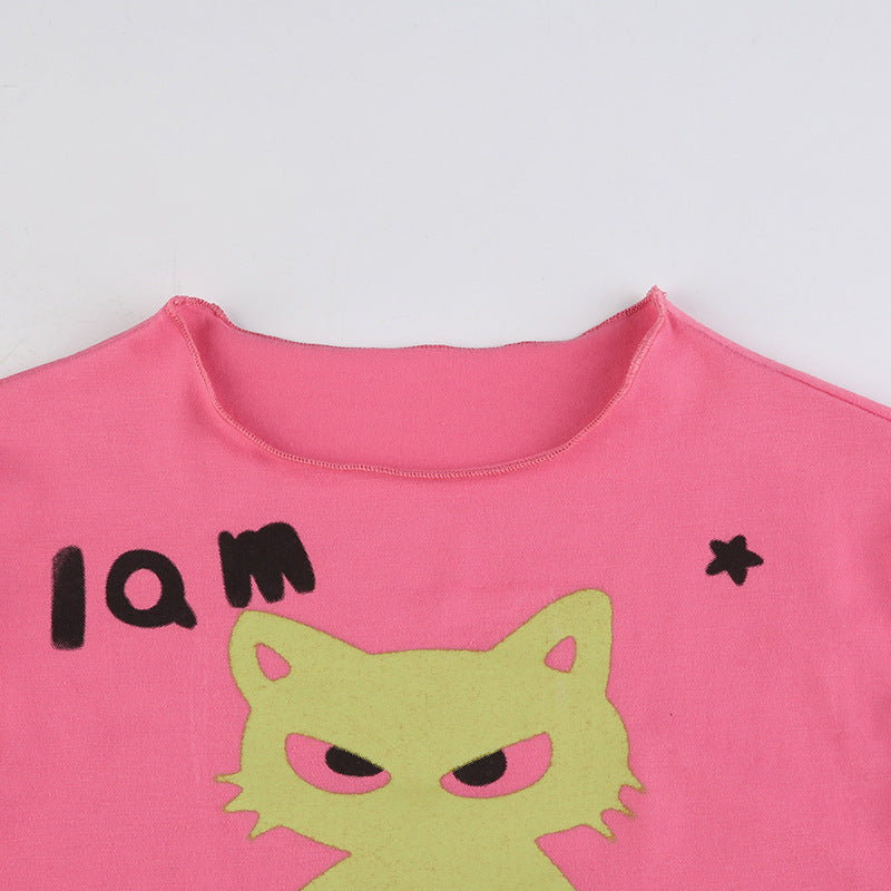Hot Girl Fashion Umbilical Cord Street Style Tide Cat Print Color Collision T-shirt