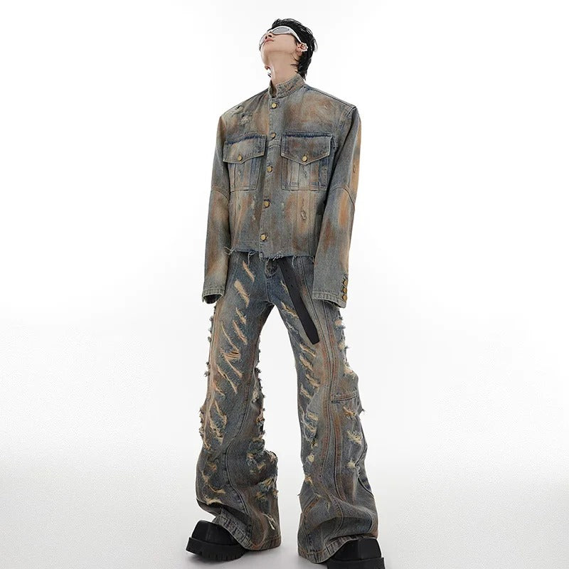 Damaged Denim Coat Distressed Jacket Slightly Flared Jeans