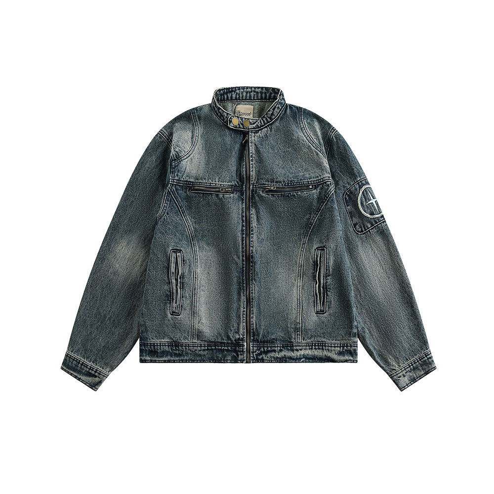 Jakkejakke til mænd i japansk retro-broderet vasket denim