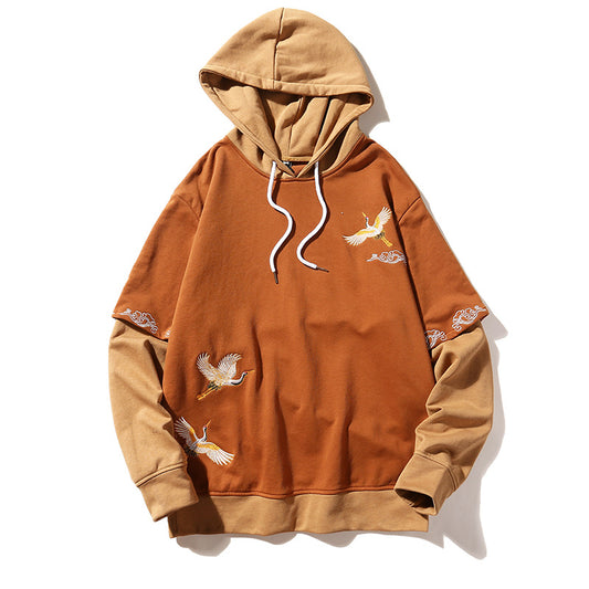 Crane Embroidered Hooded Long Sleeve Top