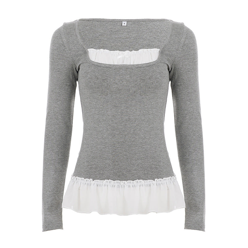 Women's Casual Fake Two-Piece Lace Long Sleeve T-Shirt