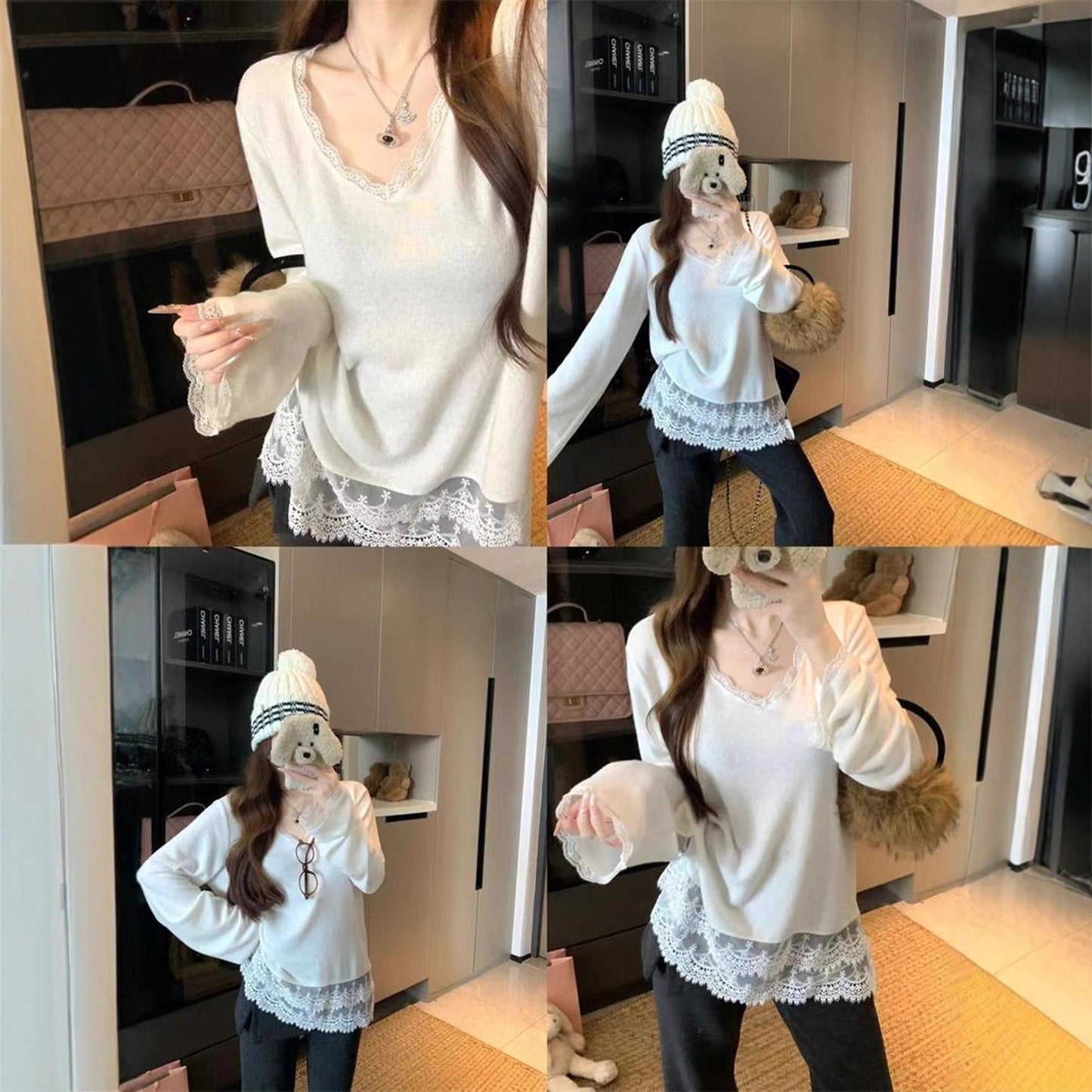 Lace Patchwork Long Sleeve V-neck Loose Stylish Women's Top
