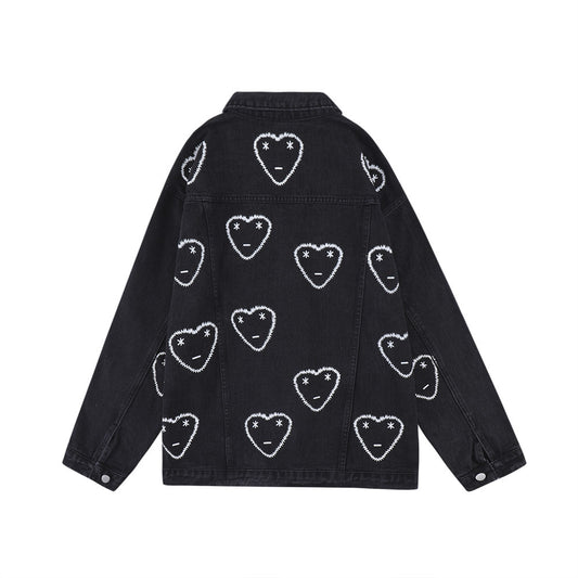 Love Full Printed Denim Clothing Loose Dimensional Patch Pocket Turn-down Collar Coat