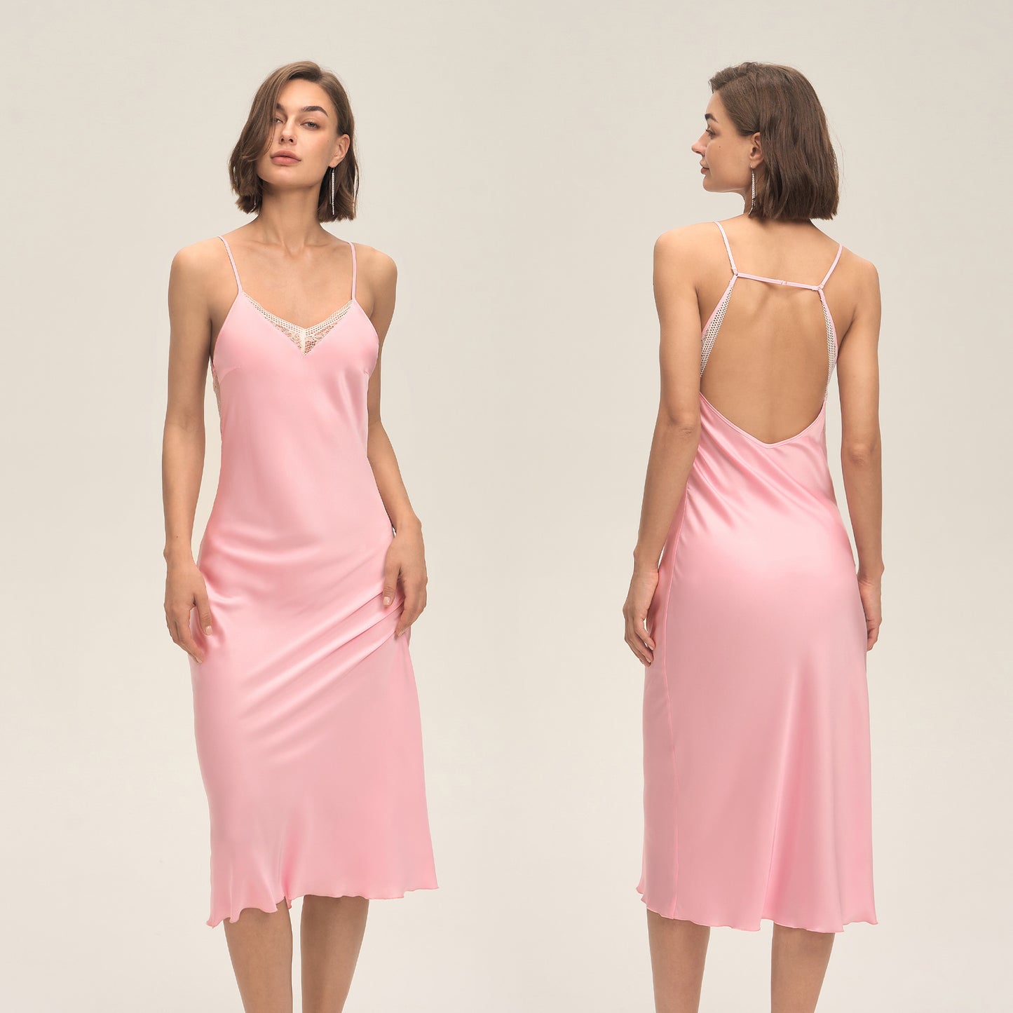 New Satin Chiffon Mid Length Lace Slip Nightgown With A Backless Design