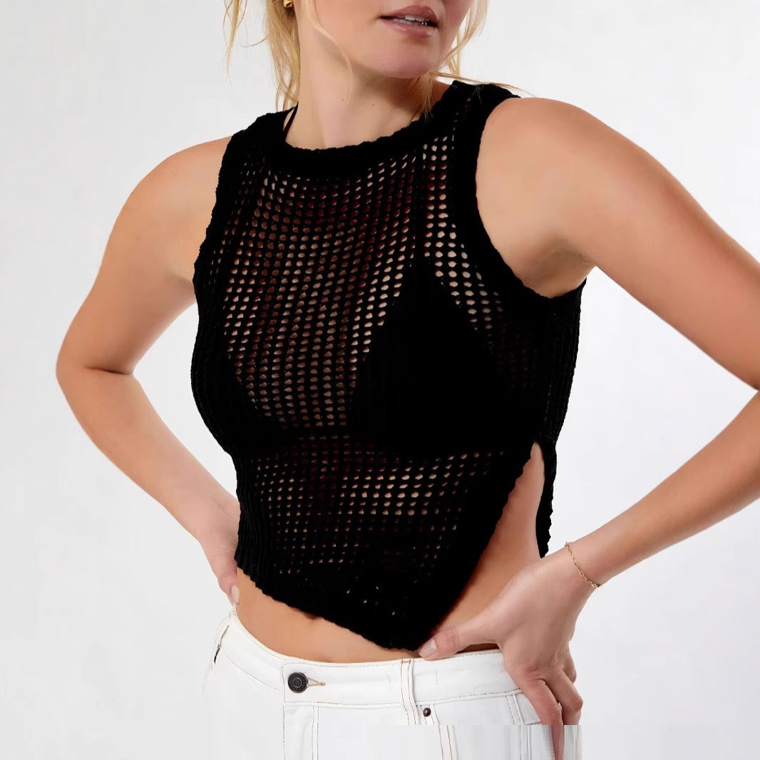 Spring And Summer Fashion European And American Style Sexy Beach Style Side Open Split Vest Knitwear Top