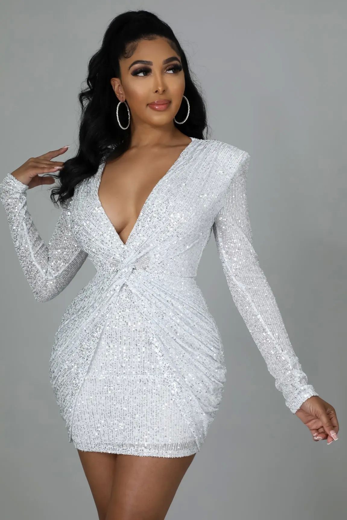 Womens Solid-Color Long-Sleeve Sheath Sequin Dress