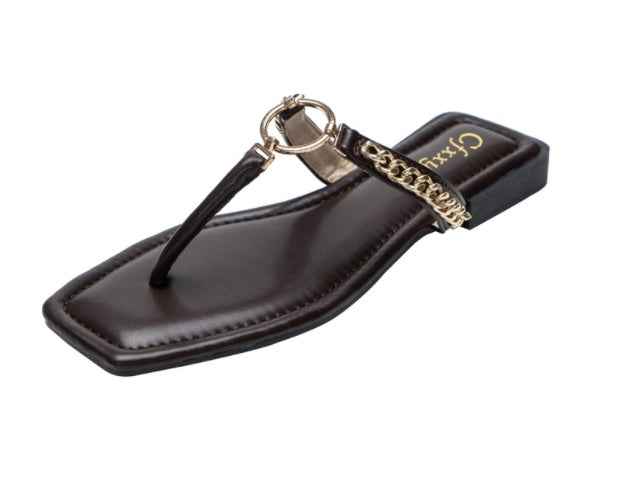 Fashion Chain Round Buckle Flip Flops Womens Low Heels Sandals