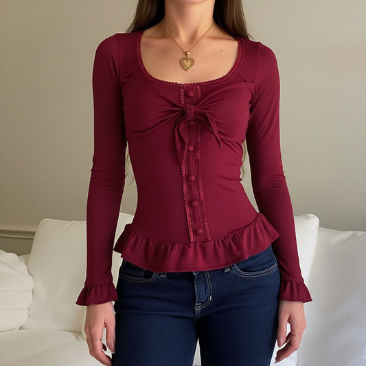 Sweet And Spicy Style With A U-neck And Ruffled Hem, Long-sleeved Design