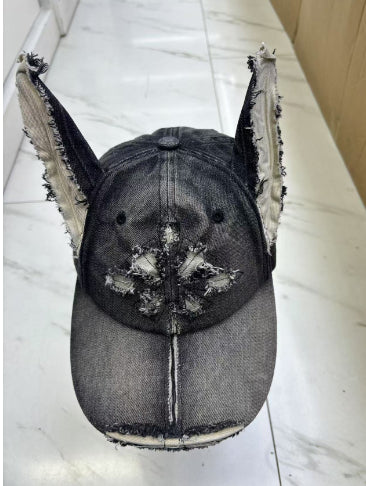 Waste Soil Wind Y2g Doberman Ear Baseball Cap Worn Looking Washed-out Denim