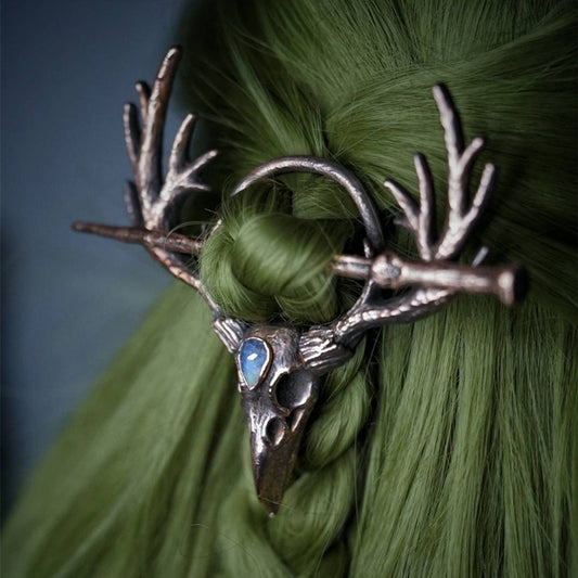 Gothic Retro Crow Skeleton Moonlight Stone Deer Horn Women's Hairpin