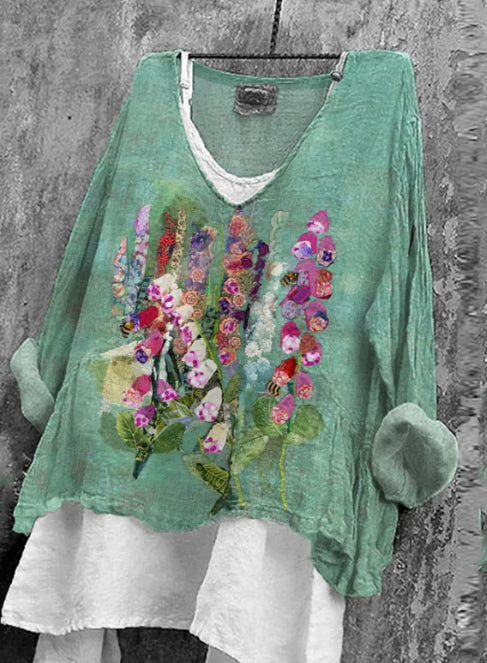 Women's Green Lily Of The Garden Print Linen Blend Long Sleeve Shirt