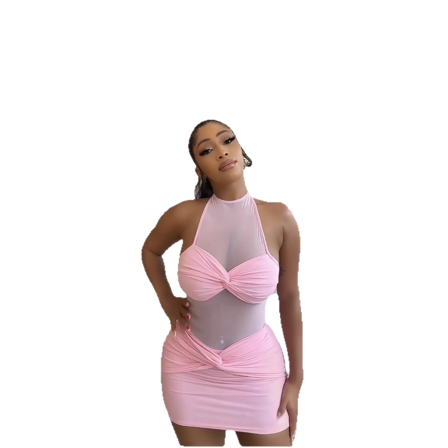 Womens Autumn New Solid-Color Sleeveless Halterneck Sexy Mesh-Patchwork Bodycon Dress