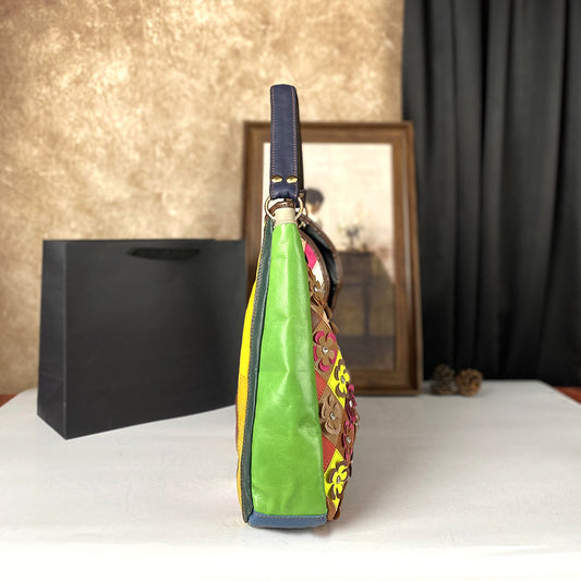 Womens Large-Capacity Bag Made From Color-Blocked First-Layer Cowhide Leather