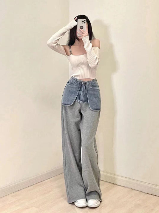 Women's Stitching Denim High Waist Casual Sports Pants