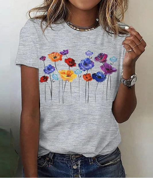 Women's Street Cool Colorful Bouquet Round Neck Loose Short Sleeves T-shirt