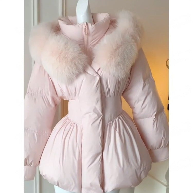 Womens Quilted Down Jacket With Fur Trim