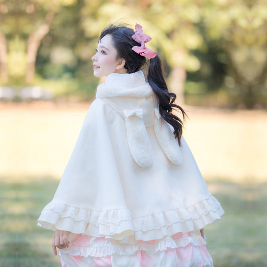 Women's Sweet Harajuku Plus Plush Bunny Ears Bow Cloak