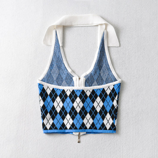 American Vintage Polo Neck Knitted Plaid Vest