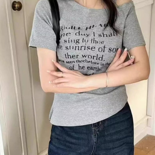 Korean-style Fashionable Letter-printed Off-shoulder Short-sleeve T-shirt