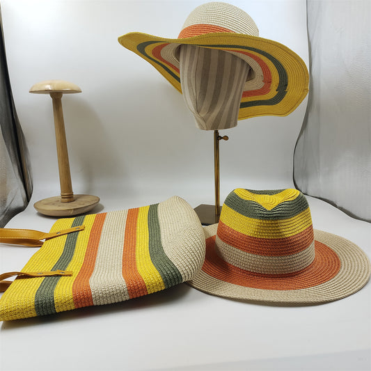 Outdoor Breathable Sun Shade Can Be Folded Large Eaves Striped Straw Hat
