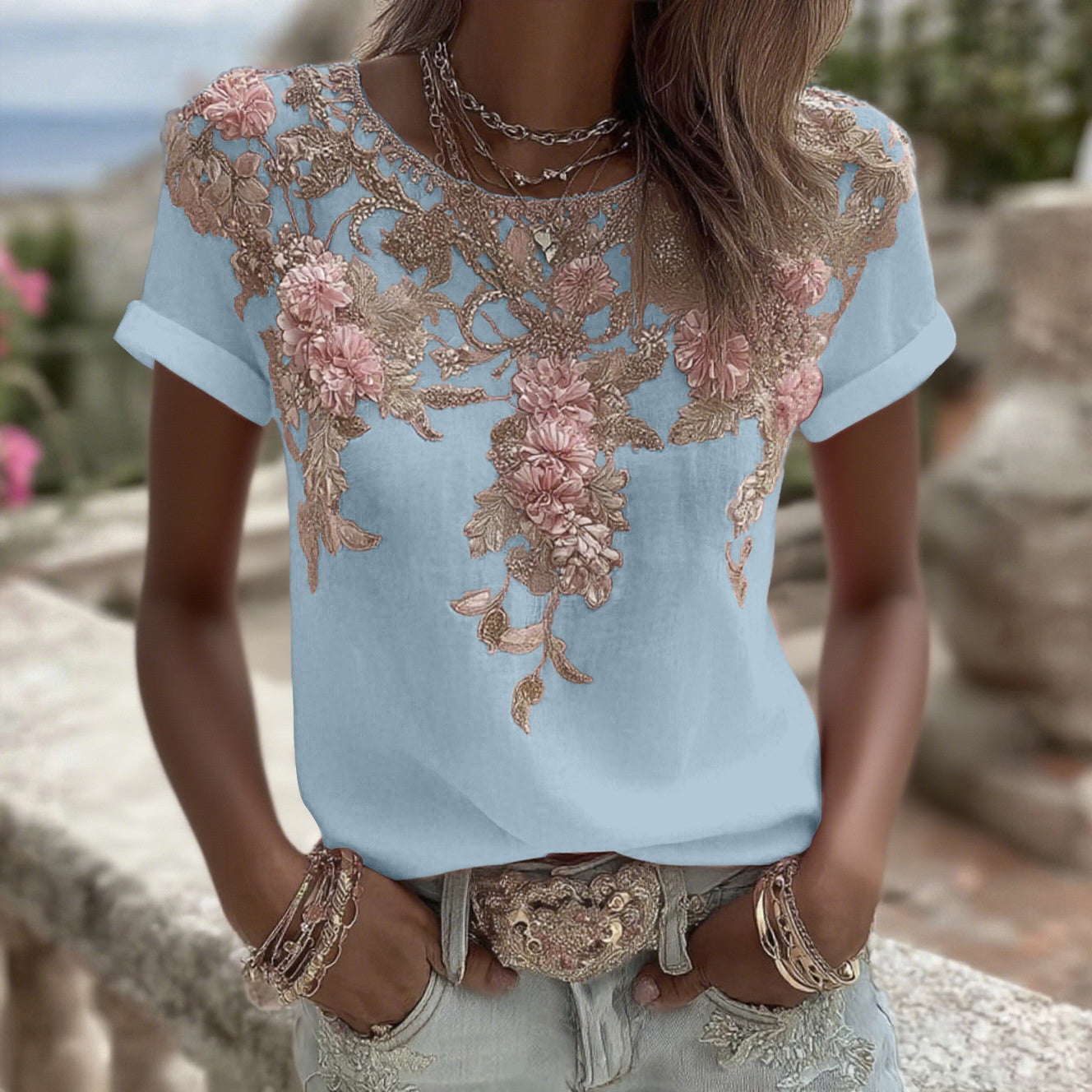 Womens Retro Artistic Printed Top With Patchwork And Round Neck Elegant Pullover T-Shirt