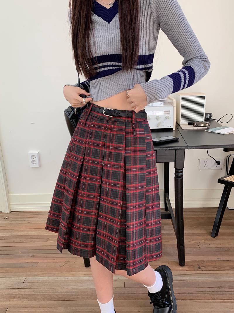 Red Plaid Skirt High Waist A- Line Lengthened Pleated Skirt