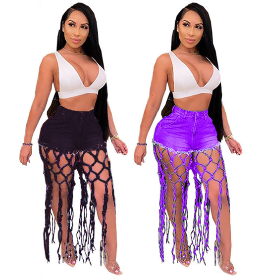 European And American Style Amazon Foreign Trade Women's Pants High Waist Hollow Denim Shorts