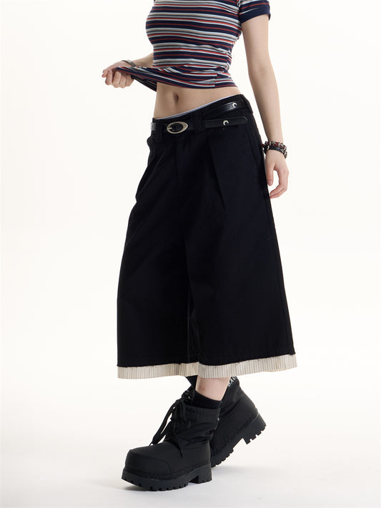 American Retro Hot Girl Patchwork Stripes Pleated Casual Shorts