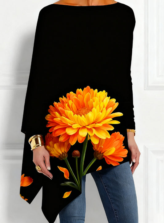Orange-Yellow Chrysanthemum Print Asymmetrical Hem Top