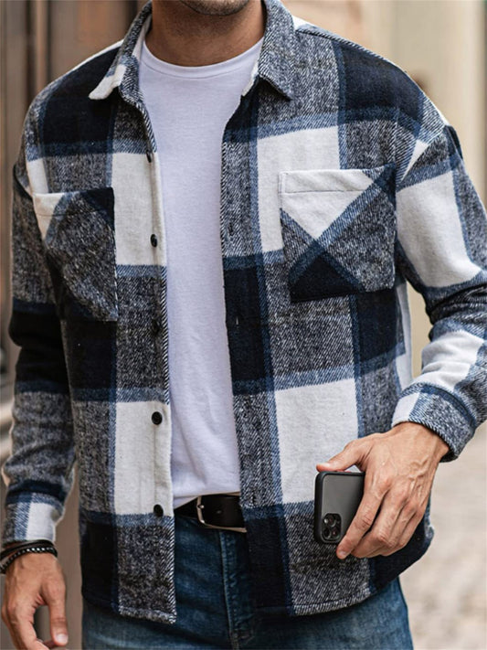 New Autumn And Winter Men's Plaid Jacket Casual Loose Pocket Shirt