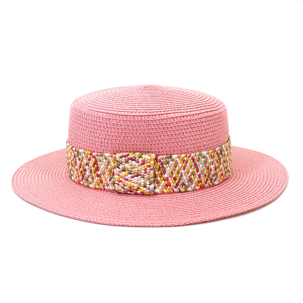 Color Flat Top Straw Hat Outdoor Travel Sunscreen