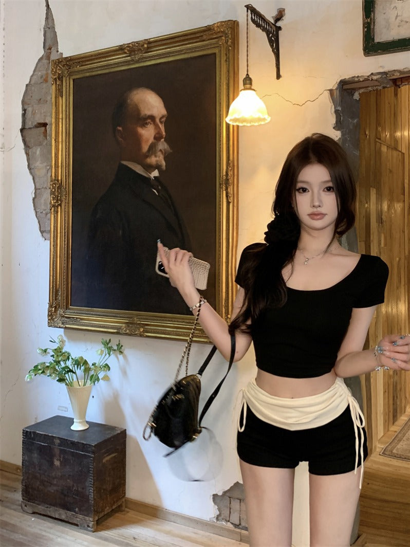 Black Slim-fit Crewneck Short-sleeve T-shirt Womens Figure-flattering All-match Top