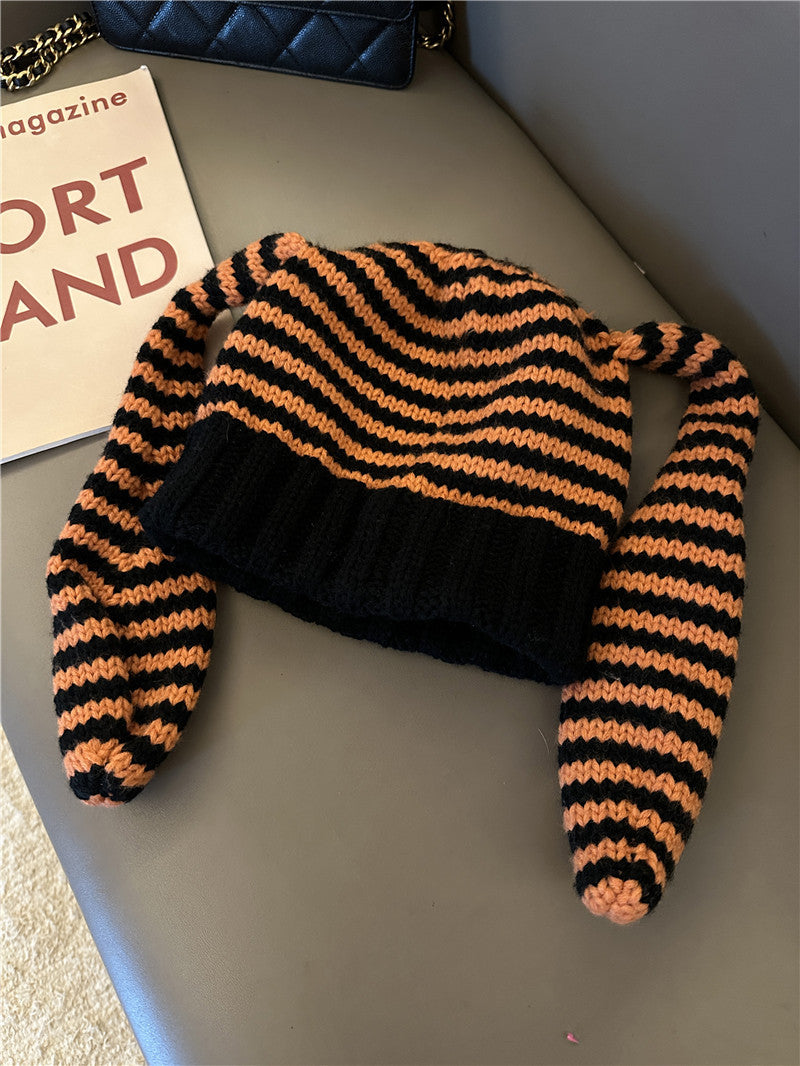 Cute Rabbit Ears Knitted Striped Pullover Wool Knit Hat Shopping Warm Beanie Hat