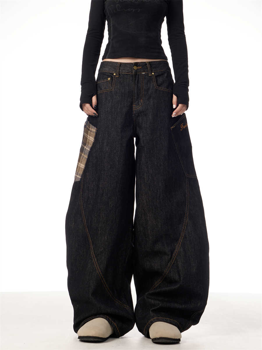 Retro Plaid-syede Jeans til Kvinder – Lige, Brede Ben