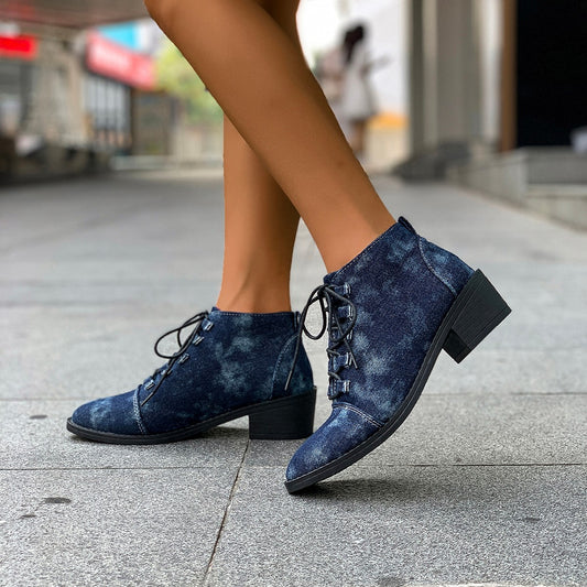 Outer Wear Pointed Toe Square Heel Denim Design Martin Boots