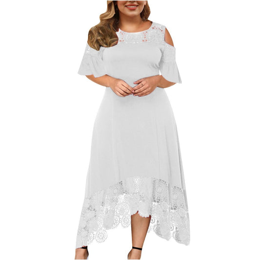 Solid-color Lace High-waist Crew-neck Wrap Dress