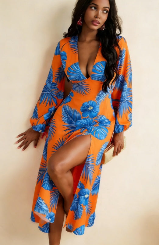 French Retro Style Deep V Puff Sleeve Slit Long Dress For Women