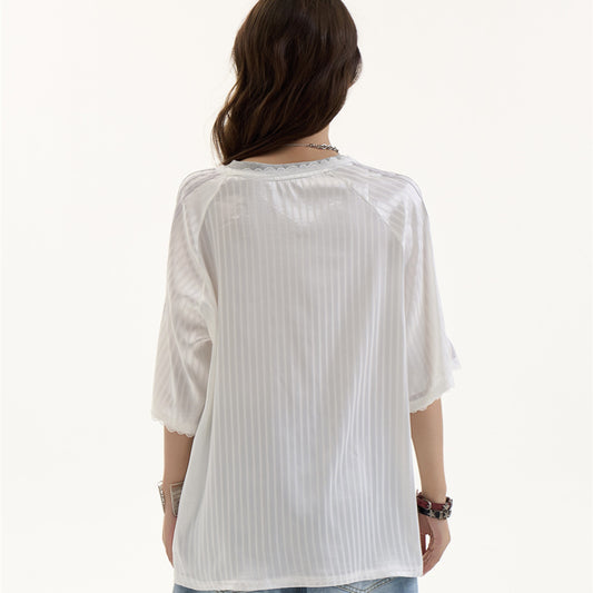 Female Retro V-neck Letter Printed Short Sleeved Shirt
