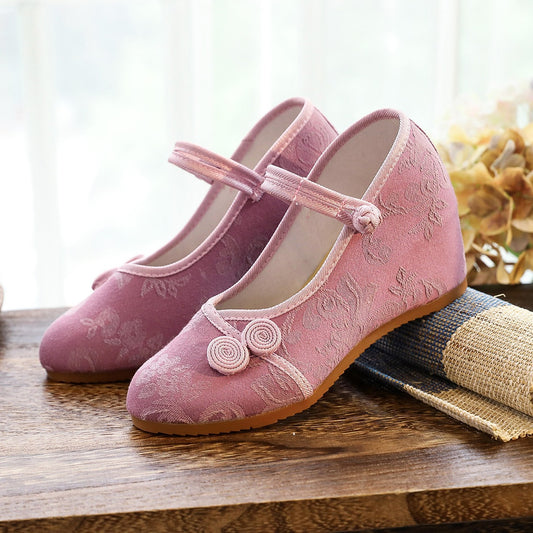 Spring And Autumn Knot Buckle Jacquard Cotton High Heels