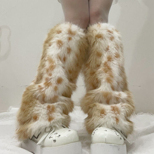 Leopard-print Faux Fur Leg Warmers With Furry Cuffs And Foot Coverings